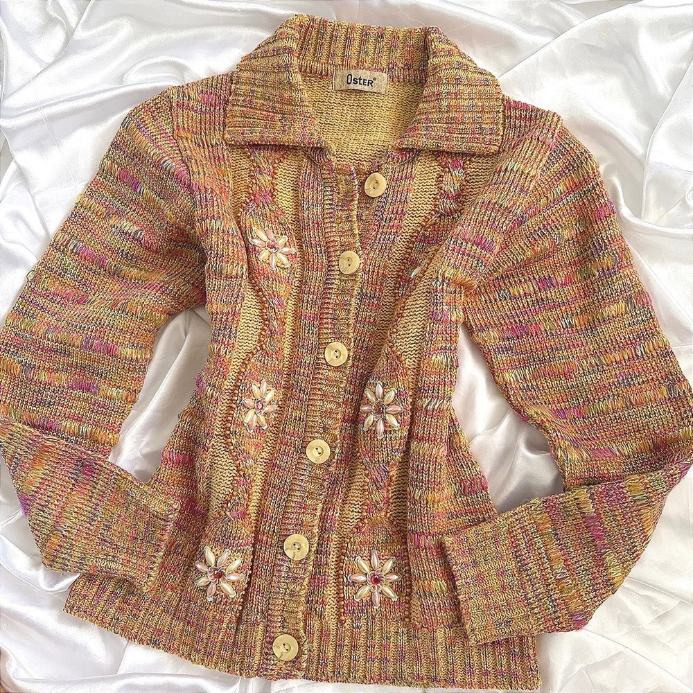 Oster Vintage Space Dye Beaded Floral Cable Knit Cardigan Sweater Gold Pink